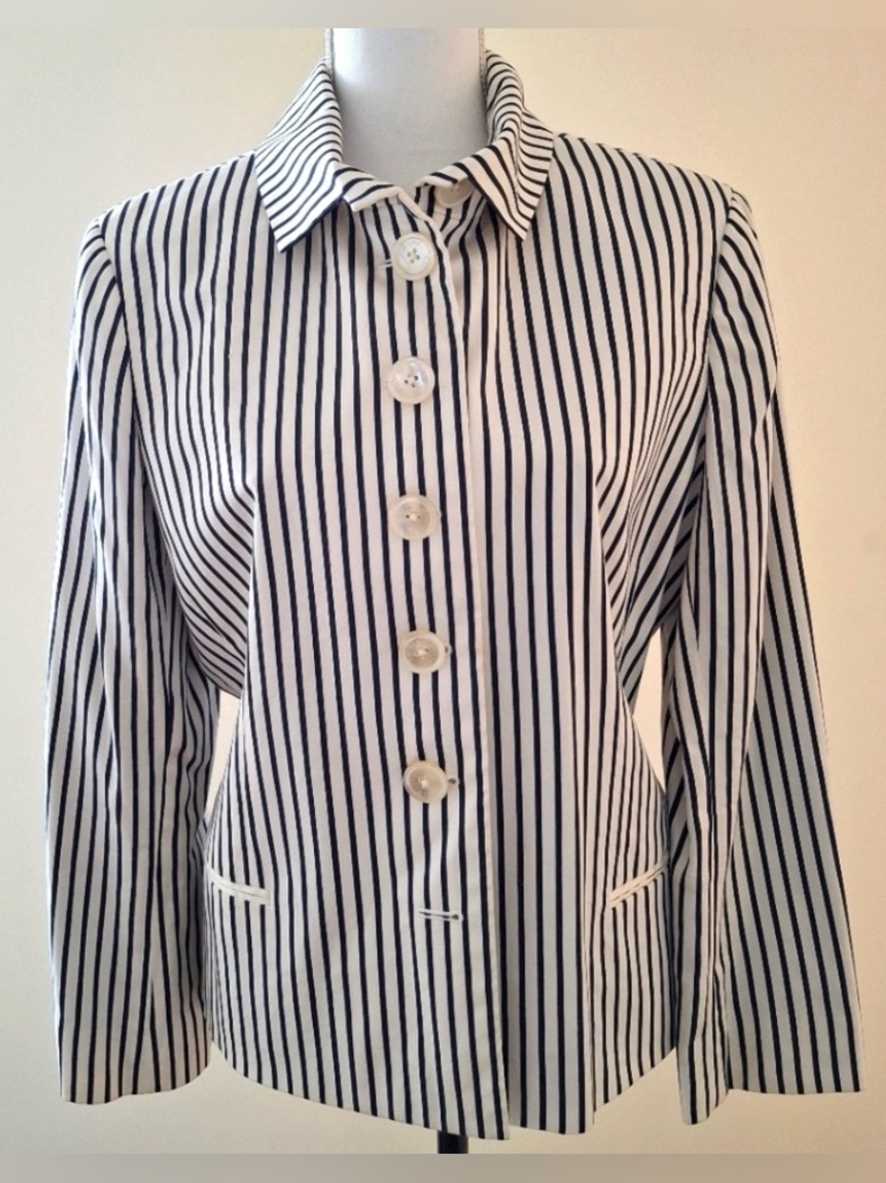 Ralph Lauren’s Navy Striped Cotton Jacket & Fluted Skirt Set (J): Sz 10, (S): 8